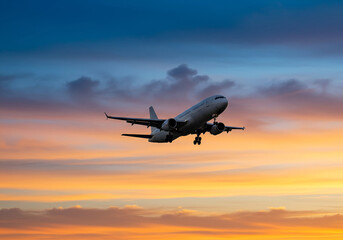 Dramatic sunset flight, capturing the essence of travel and adventure in a vibrant sky, representing journeys and new beginnings with the airplane silhouette.