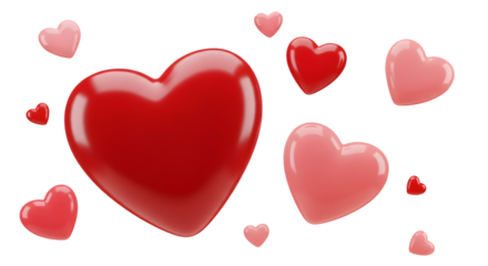 Floating 3d hearts in shades of red and pink against a black backdrop for valentine's day and romantic themes perfect for cards and backgrounds on transparent background