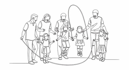 Line drawing of a group of people jumping rope together.