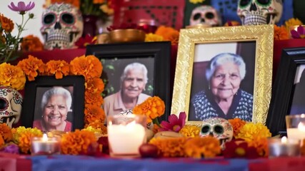 Traditional ofrenda altar with glowing candles, photos, and marigold flowers with a respectful and celebratory mood for Día de los Muertos with copy space