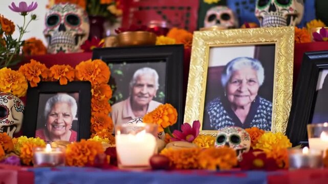Traditional ofrenda altar with glowing candles, photos, and marigold flowers with a respectful and celebratory mood for D&iacute;a de los Muertos with copy space