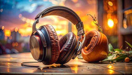 Stylish headphones rest on a wooden surface, bathed in warm sunset light, with a focus on their rich brown leather earcups and metallic accents.