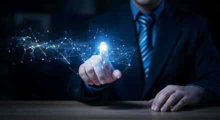 Professional man touching futuristic network interface for business technology data
