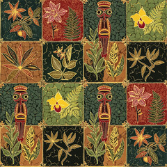 Colorful batik pattern featuring plants, flowers, and tiki masks in square tiles, patern seamless, Stock royalty image.