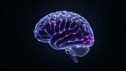 A brain with purple and blue lights on it