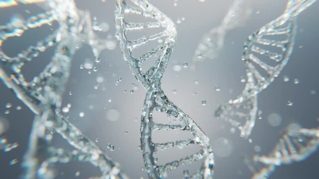 Elegant visualization of DNA molecular structure in a crystal clear style. Ideal for cosmetic innovation, skincare ads, genetic science, and luxury medical presentations.