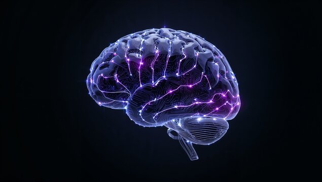 A brain with purple and blue lights on it