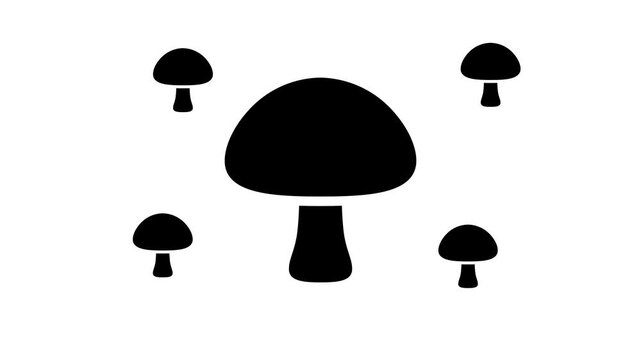 Zoom in and out animation the mushroom symbol. Large black symbol in the center and four small symbols around. Seamless looped 4k animation on white background