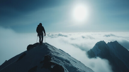 Mountain Climber on Snowy Summit Above Clouds at Sunrise