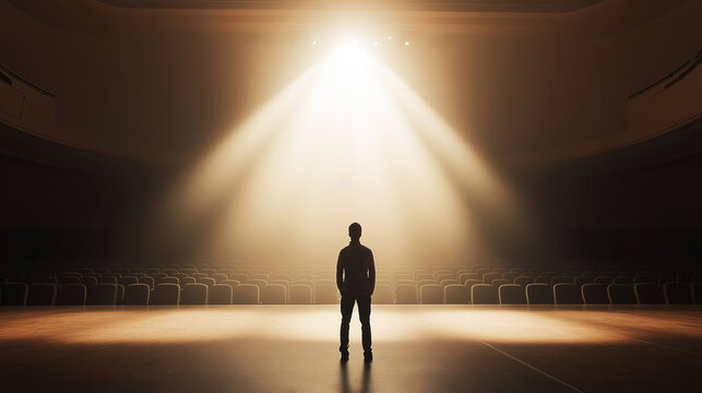 Silhouette of Person on Stage Under Spotlight in Empty Theater, Symbolizing Vulnerability