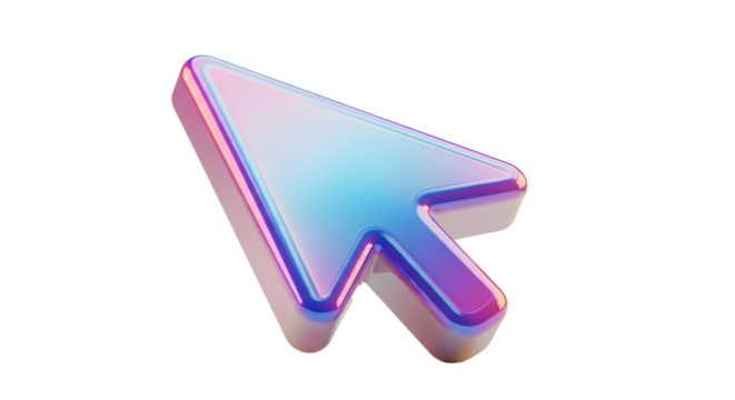 Iridescent cursor arrow pointing the way in a digital landscape with a modern aesthetic and sleek design for technology and user interface projects on transparent background