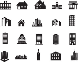 Building and Architecture Icon Set | House, Apartment, Office, Castle, Landmark, Vector Silhouette