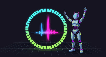 Futuristic robot dancing next to audio frequency visualizer in a neon-lit virtual space
