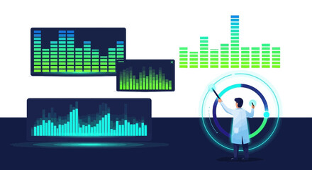 Futuristic scientific data analysis visualization with a man in a lab coat managing virtual controls