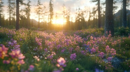 Fototapeta premium Sunset blooms in a sunlit meadow