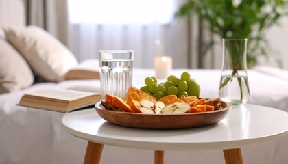 Cozy morning scene with fruit bowl, water glass, book, and candle on a white table