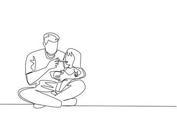 A continuous line drawing of a young father spoon-feeding his little daughter, representing Infant Feeding Day in a health concept, highlighting parenting, nurturing, and family love.