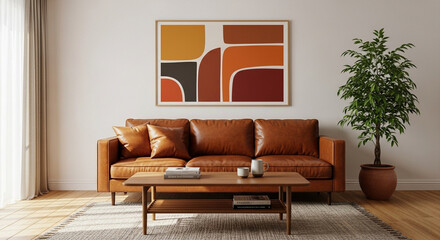 Living room interior wall mockup in warm tones with leather sofa on white wall background.