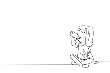 Obraz premium A single line drawing of a young girl sitting cross legged while drinking milk from a bottle, created to celebrate Infant Feeding Day with a health concept and child nutrition theme.