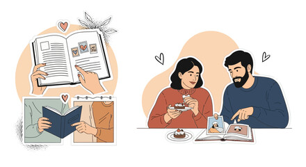 Illustrations showcasing love for reading and sweet moments shared between a couple in flat design