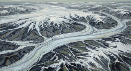 Frozen River Meanders Through Snowy Alaskan Landscape.