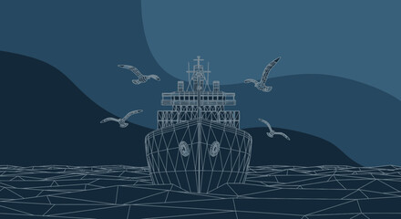 Low poly illustration of a cargo ship sailing on ocean with birds in nautical theme