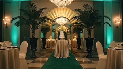 Opulent wedding reception concept in a grand Art Deco ballroom with a central cake display, palm trees, and dramatic green lighting
