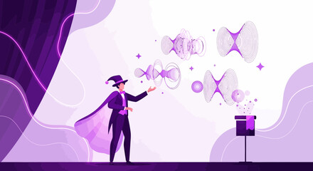 Magician performing a stage magic trick with geometric shapes and fantasy elements on a violet