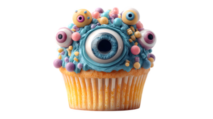 Cupcake with candy eyeballs, isolated on white background