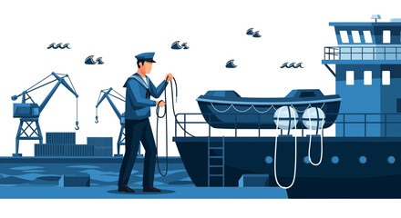 Maritime scene illustration featuring a sailor on a cargo ship with harbor cranes on background