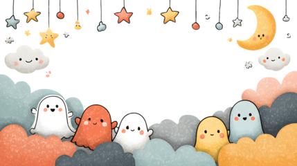 Cute pastel ghost and moon border for kids Halloween invite, isolated on white background