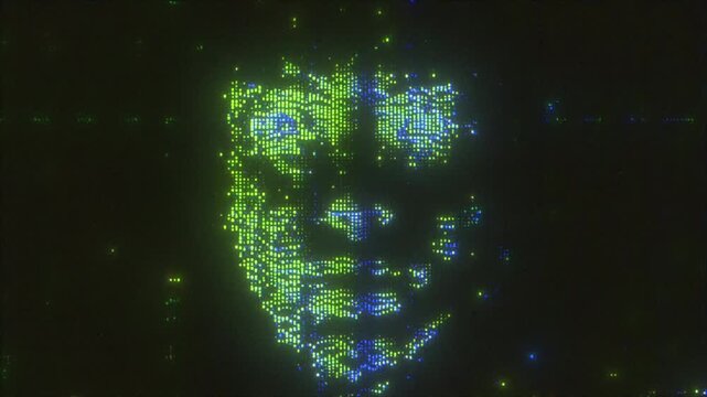 4K Futuristic AI face generated from luminous data points, digital human interface for machine learning, deep neural network, virtual identity, innovation in cyber technology, data science