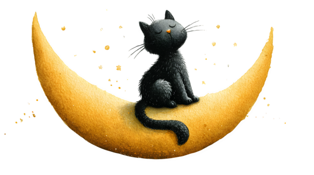 Cute watercolor black cat sitting on crescent moon isolated on white background