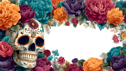 Day of the Dead inspired Halloween party invitation with sugar skull floral frame, isolated on white background