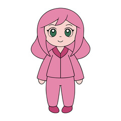 Cute cartoon girl with pink hair wearing cozy pink pajamas ready for bed, a sweet character illustration on a white background