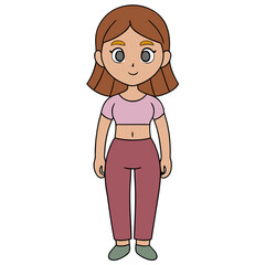 A cute cartoon woman with brown hair wearing a pink crop top and maroon pants, illustrated in a simple, friendly style
