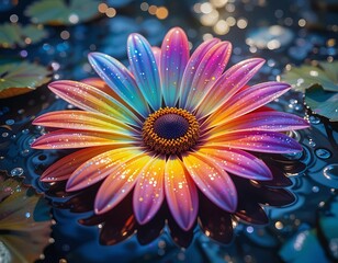 Vibrant rainbow flower blooming on water with sparkling dew drops