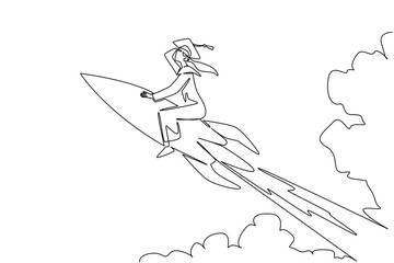 Fototapeta premium Single line drawing of a graduate woman in cap and gown riding a rocket through clouds, symbolizing National Higher Education Day with an inspiring education concept of ambition and success.