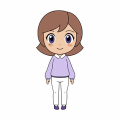 A charming cartoon illustration of a young woman with brown hair and purple sweater, full body view