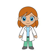 Cute cartoon illustration of a female scientist or doctor in a white lab coat, a friendly character for science and medical concepts