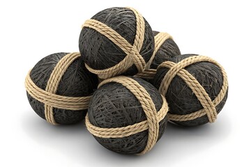 Obraz premium Pile of dark textured balls wrapped with natural twine in a cross pattern