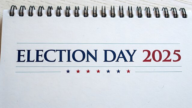 Election Day 2025 text and voting elements on white background. AI GENERATED.