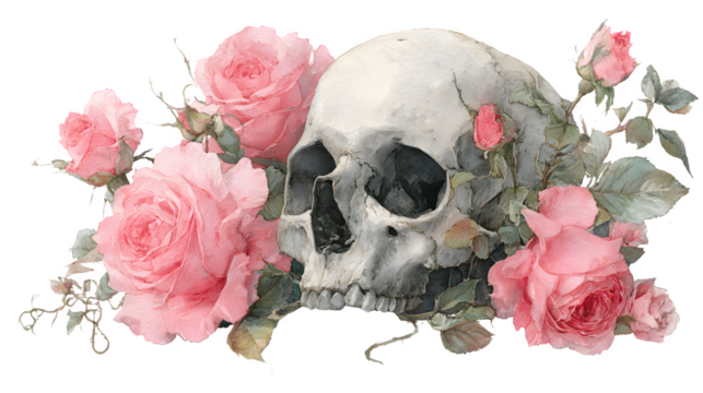 Elegant watercolor skull with roses and vines isolated on white background - Powered by Adobe