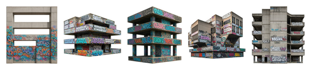 Fototapeta premium Graffiti-covered brutalist concrete building set including various angles and sections isolated. Urban decay and street art elements.