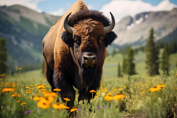 Majestic Brown Bison in a Mountain Wildflower Meadow