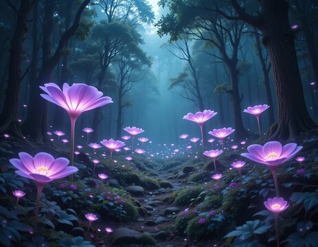 Enchanting bioluminescent flowers illuminate a mystical forest path at twilight.