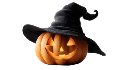 Glowing jack-o-lantern with witch hat, isolated on white background