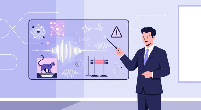 Scientist explaining the schr&ouml;dinger's cat paradox with presentation illustration