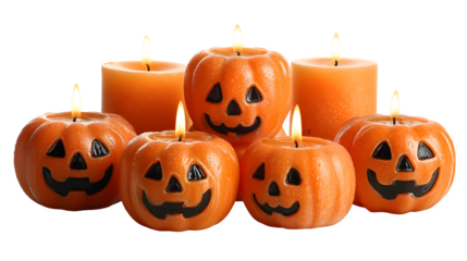 Group of 5 jack-o-lanterns with candles inside, isolated on white background