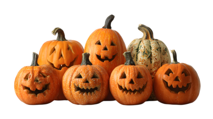 Group of 5 jack-o-lanterns with different carvings, isolated on white background